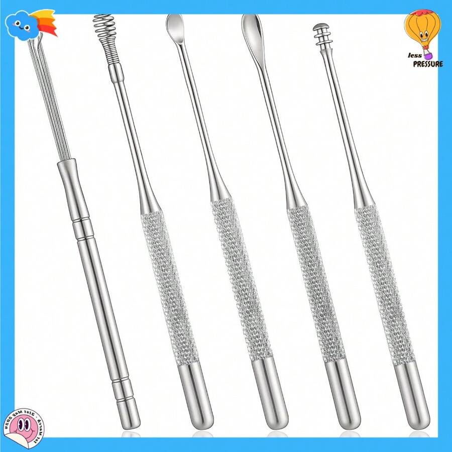 Ear Pick Earwax Removal Kit, 5 Pcs Stainless Metal Ear Cleaning Tool Set With Ears Spoon & Spiral Spring Ear-Curette Remover Tool For Adults Reusable Ears Cleaner Kit - 預設 - 查看 1
