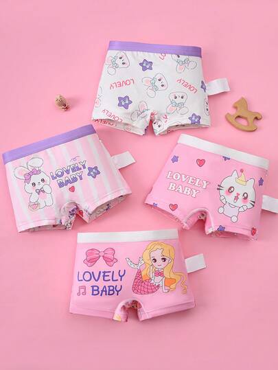 4条装女童内裤，可爱蝴蝶结、美人鱼、大耳朵兔子、猫咪图案，舒适平角内裤，适合幼儿和儿童