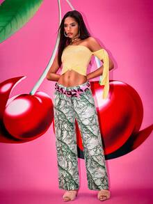 女式复古美式树枝直筒休闲牛仔裤 - 綠色迷彩 - 查看 7