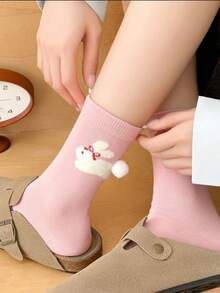 1 Pair Of Cute Cartoon Animal Mid-Calf Socks, Spring And Summer New Style, Soft And Cute Pom-Pom Animal Socks, Plush Panda, Rabbit, Puppy Cartoon Socks, Soft Girl Cute Style, Versatile Must-Have - Multicolor - View 2