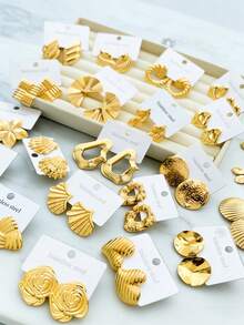 20pcs Gold Stainless Steel Earring Set, Geometric Flower/Heart/Shell Designs, 18K Gold-Plated Hypoallergenic Minimalist Fashion Earrings, Comfortable And Versatile, Perfect For Women's Daily Wear Or As An Ideal Gift - Multicolor - View 4