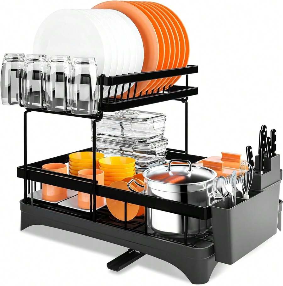 2 Tier Dish Drainer Rack With Drip Tray, Dish Drying Rack With Utensils Holder, Durable Stainless Steel Dish Rack For Kitchen Counter, Black - 2 Tier Large - View 1