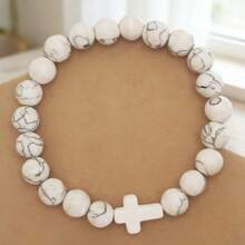 1件8毫米天然石十字架疗愈手链，基督教祈祷饰品 - 白松石色 - 查看 6