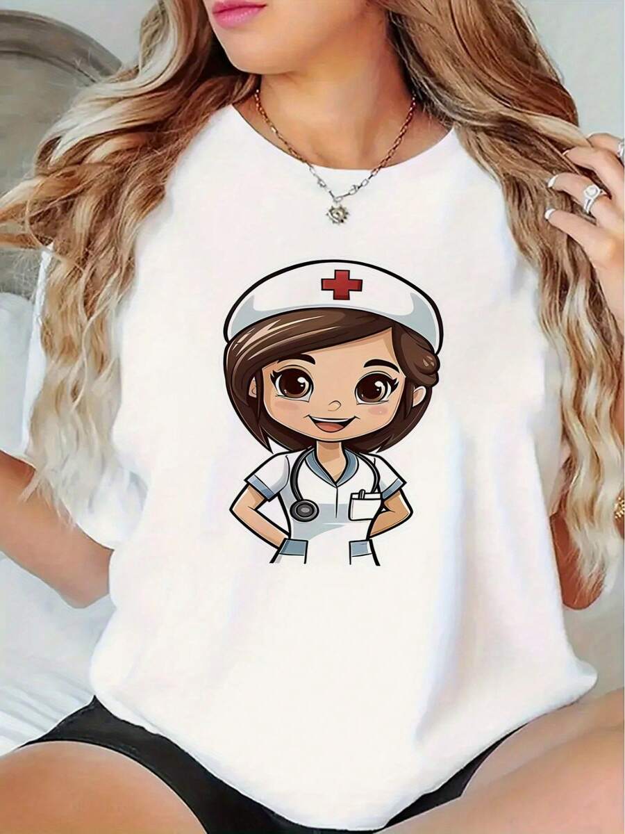 Adorable Nurse Graphic T-Shirt - Cozy And Fashionable Short Sleeve Top For Ladies - 白色 - 查看 1