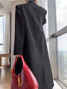 Spring And Autumn Women's Fall Clothes For Women New Black Long Women's Windbreaker Coat, Unique In Shape, With A Lapel And Double-Breasted Design, Is A Loose And Versatile Classic Long Coat For Women. This Elegant And Gorgeous Long Suit Jacket Is Suitable For Big Occasions Such As Dating, Parties, Weddings And Festivals. It Is Also Suitable For A Valentine's Day Date. Wedding Guest Formal Attire,Halloween Costume Saudi National Day Clothes,Party,Going Outspring Outfit Women - Black - View 4
