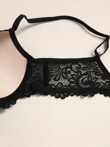 性感无钢圈蕾丝文胸，浪漫法式聚拢提拉无缝迷人吊带文胸，柔软透气 - 黑色 - 查看 8