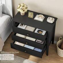Armario con 3 cajones ranurados, cómoda de madera ancha, organizador moderno de armario de armario con patas de metal y dispositivo anti - basculamiento para Sala de Estar del dormitorio - Negro - Ver 5