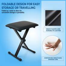 Crystals Adjustable Piano Stool Keyboard Bench With Padded Seat – Foldable Metal Music Chair For Keyboard, Piano & Drum - Black - View 3