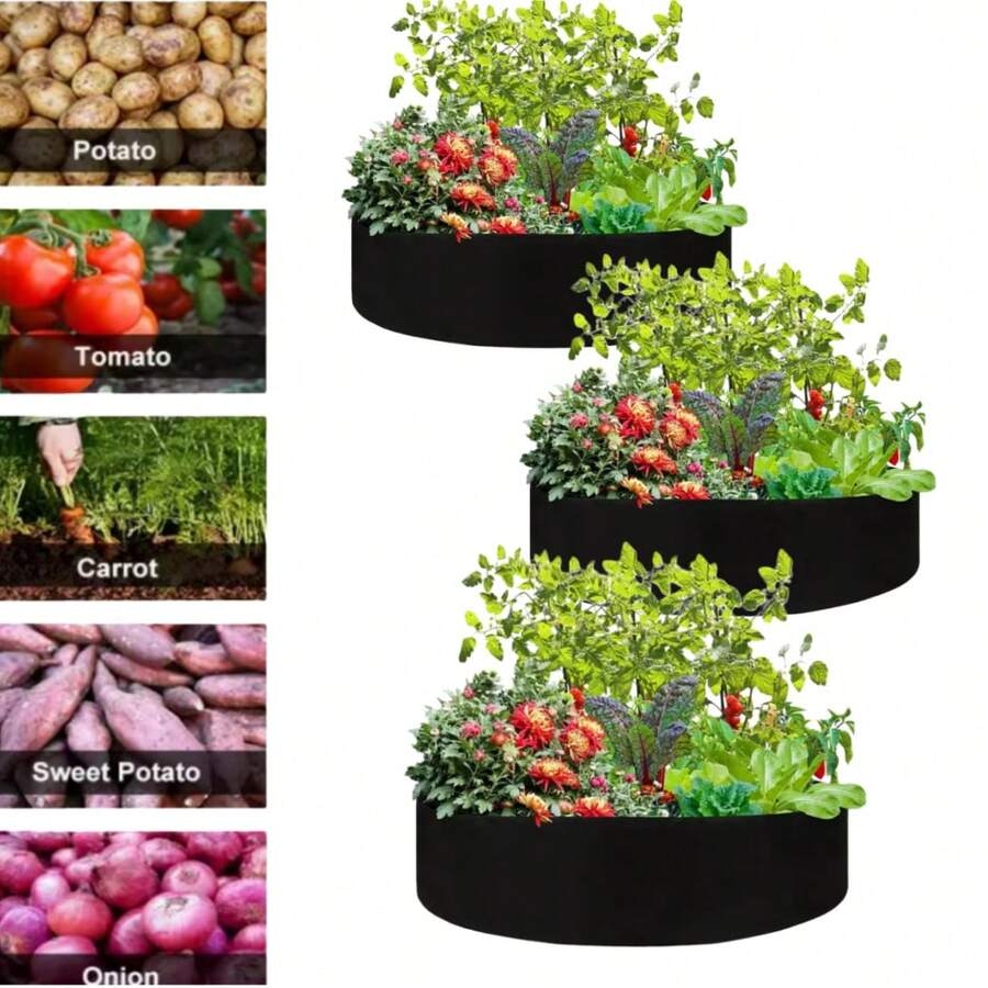 3个装可折叠多功能圆形种植袋 - 耐用无纺布材质,适用于蔬菜、花卉和幼苗 - 经典圆形设计,适合种植番茄、土豆、生菜和草莓 - 非常适合户外园艺和户外种植 - 黑色 - 查看 1