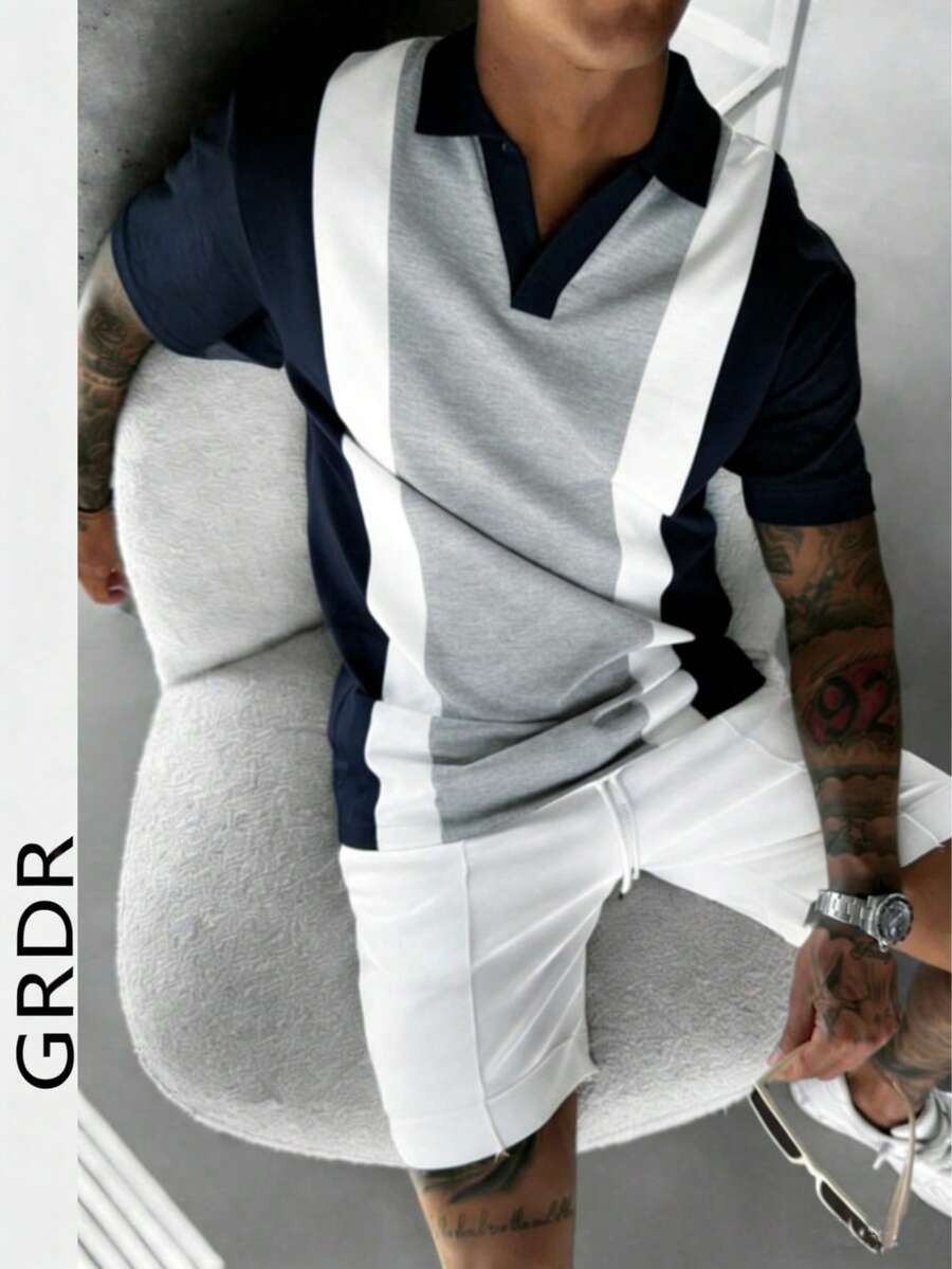 GRDR 男士夏季新款撞色商务休闲 Polo 衫 1 件 - 藏蓝色 - 查看 1