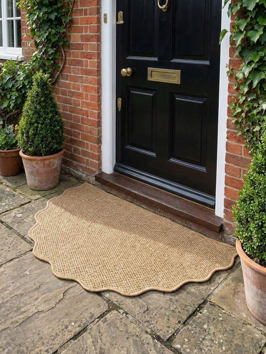 1pc Brown Half-Circle Faux Jute Woven Carpet. Unique Wavy Edge, Exclusive Original Design, Anti-Scratch, Washable, Ideal For Pet Owners, Suitable For Living Room, Dining Room, Study, Bedroom And Entryway Decor - New Brown Wave Style - View 1