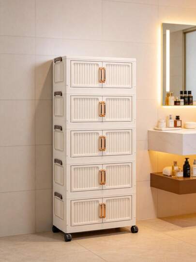 1pc 40/50/60cm Foldable Storage Cabinet, 1-6 Tier Double Door Storage Organizer, Thickened Plastic Wheeled Storage Cabinet, Living Room Toy & Snack Multi-Layer Cabinet, Clothes Storage Cabinet, Dust-Proof Household Shelf, Home Storage Rack