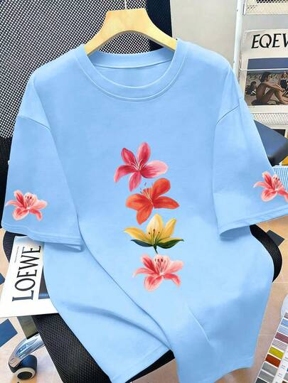 Sundraya 女士印花圆领落肩短袖T恤，夏季度假加大码女式印花短袖T恤，圆领图案夏季上衣，完美搭配沙滩装、度假装、夏季假日装、春假装、音乐节装、泳池日装、热带度假装和休闲度假装。