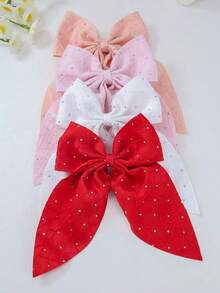 6pcs/Set Girls/Teens Rhinestone Bow Asymmetrical Textured Fabric Hair Clips, Pink/Red/Black, Daily Use Hair Accessories - Multicolor - View 4