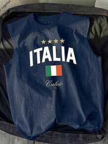 Fractyr 男士时尚休闲运动“ITALIA Calcio”和意大利国旗印花无袖T恤 | 足球迷服装 | - 藏蓝色 - 查看 4