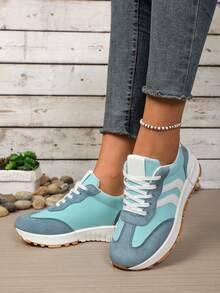 女士厚底休闲鞋，系带圆头软底轻便防滑徒步跑步厚底运动鞋 - 淺藍色 - 查看 3