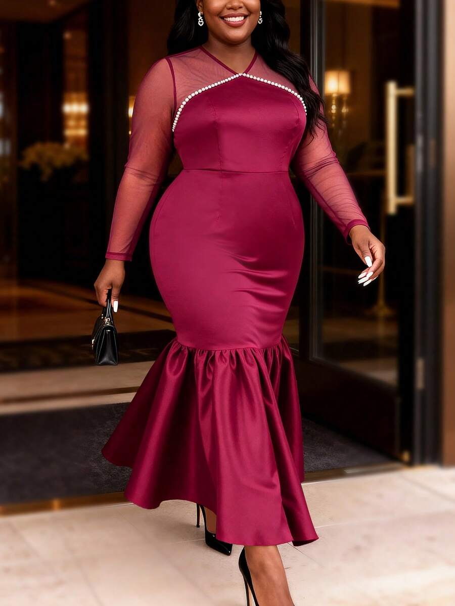 Curvy Women Wine Elegant Mermaid Dress With Sheer Mesh Long Sleeve Pearl Chain Embellishment Fitted Cocktail Party Gown - Wine Red - View 1