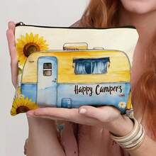 1 pieza Bolsa de maquillaje con estampado floral de caravana vintage - Estuche de cosméticos de viaje de acuarela "Happy Campers" organizador portátil de lona con cremallera para mujeres, niñas y amantes del camping - Multicolor - Ver 3