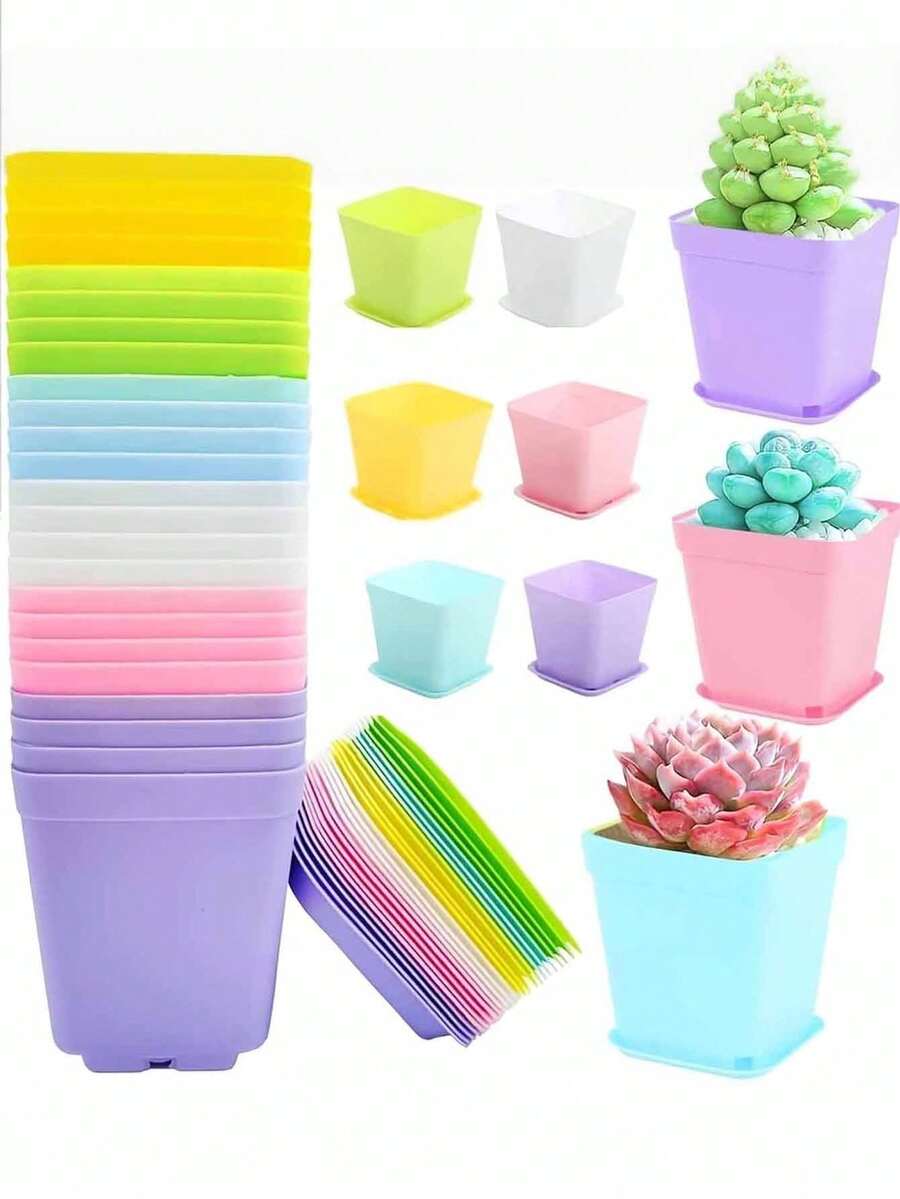10pcs Plastic Flower Pots With Trays, Suitable For Planting Succulents And Flowers, Decor For Garden, Indoor, Office, Balcony, Random Colors - One Size Fits All - View 1