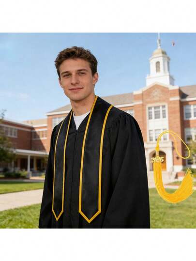 1条黑色镶边毕业绶带，适用于毕业典礼拍照、学位服配饰、毕业纪念品装饰，经典黑金设计，营造毕业氛围，成人通用尺寸毕业典礼肩带