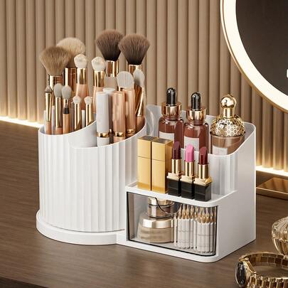 360° Rotating Makeup Organizer, Makeup Storage Box And Desktop Pen Holder With 5 Compartment Plastic Cosmetic Shelves, Multi-Functional Holder For Brushes, Lipsticks And Stationery - Durable, Odorless, Desktop Friendly, Space-Saving Cosmetic Storage With Elegant Design, Makeup Organizers