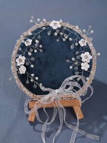 1pc White Flower Silver Wire Handmade Rhinestone Headband For Women - White - View 4