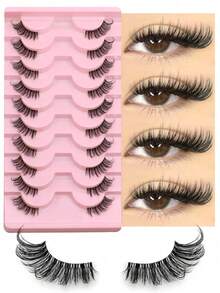 10 Pairs Half-Cut False Eyelashes, Transparent Band Cat Eye Short Soft 3D Mink-Like False Eyelashes, Natural Makeup Look (JA2501) - Black - View 1