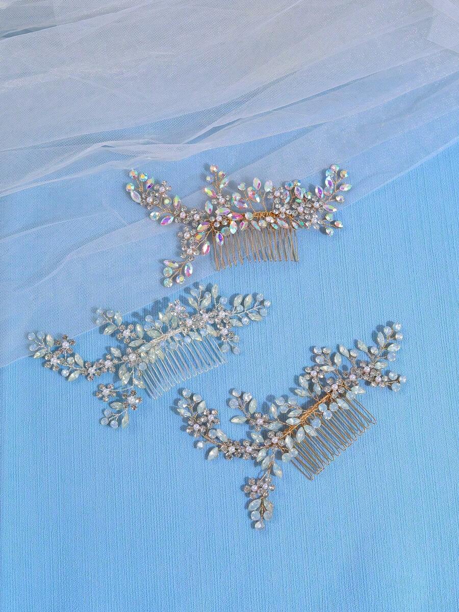 1 pieza Peineta de novia elegante de aleación púrpura adornada con rhinestones y perlas, ideal para bodas, banquetes, fiestas y uso diario, tiaras reales, peinetas, tocados - Multicolor - Ver 1