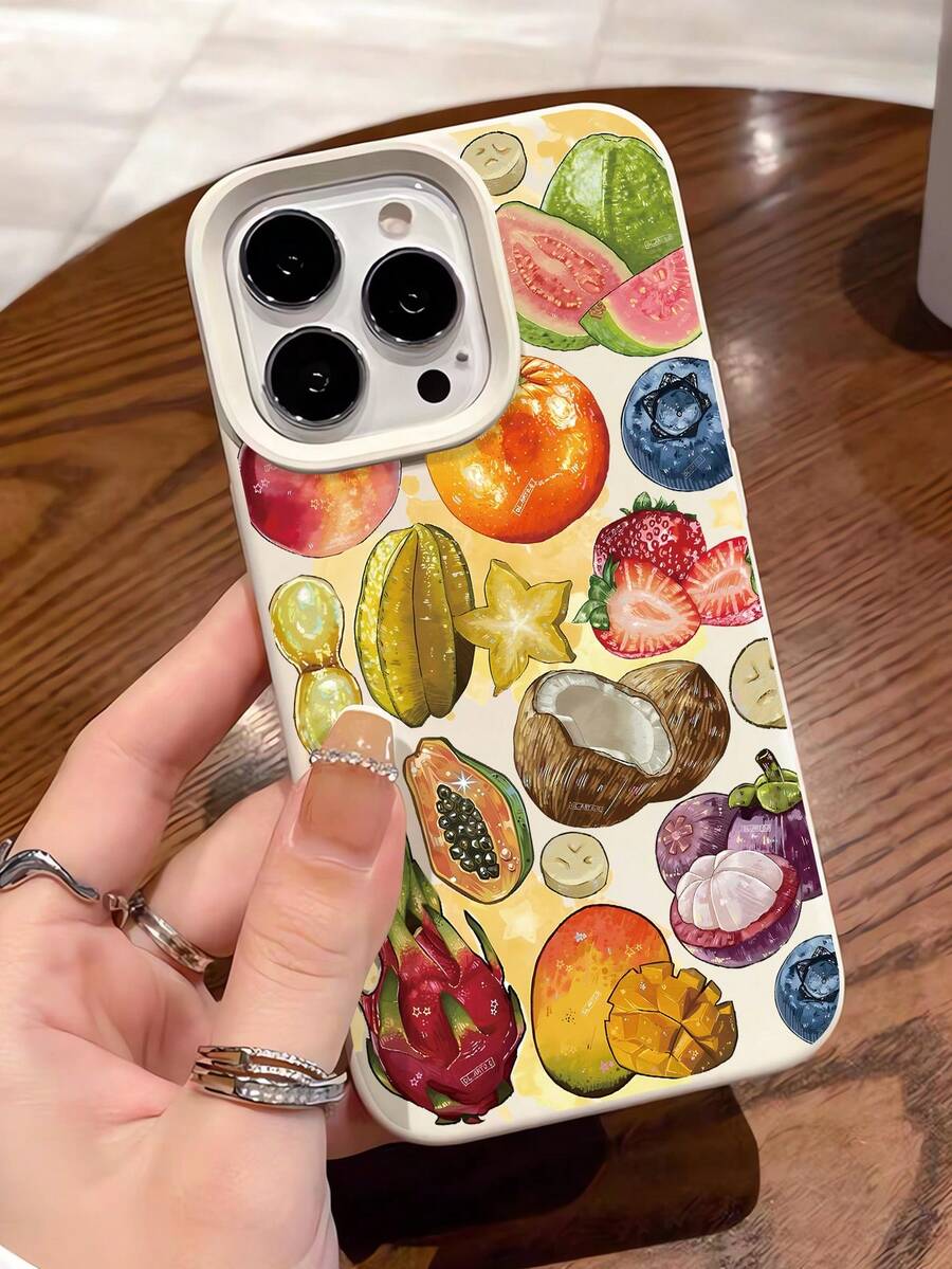 1pc Fashionable Colorful Fruit Patchwork Graphic Design Milky White Liquid Soft Phone Case, Compatible With IPhone 16/16Pro/16Plus/15/15ProMax/15Pro/11/12/13/14ProMax/11Pro/11ProMax/12Pro/12ProMax/13Pro/13ProMax/14Pro/14ProMax, Creative Elegant - Multicolor - View 1