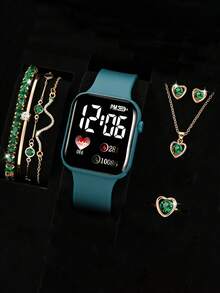10pcs Set Of Casual Fashion Green Square Heart Pattern Electronic Watches, Gold Chain Embedded Bracelet Necklace Ring, Non-Rechargeable Battery, Luminous Heart Pattern, Versatile For Daily, Party, Holiday, Back To School. Birthday Gift, Valentine's Day Elegant Set, No Packaging Box - Green - View 3
