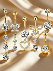 6pcs Set Copper Micro-Inlaid Butterfly Round Navel Rings, 316 Stainless Steel Sparkling Zirconia Navel Piercing Jewelry, Suitable For Daily Wear - Yellow Gold - View 1
