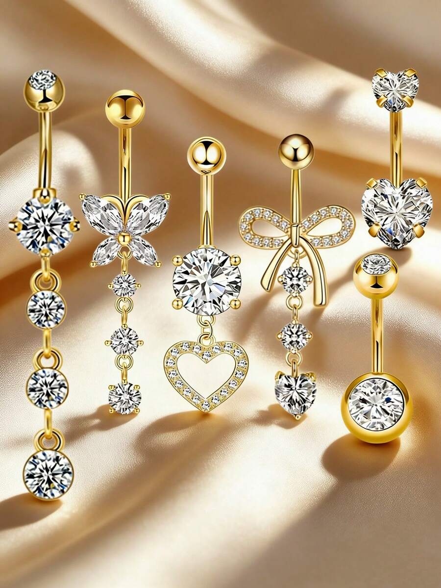 6pcs Set Copper Micro-Inlaid Butterfly Round Navel Rings, 316 Stainless Steel Sparkling Zirconia Navel Piercing Jewelry, Suitable For Daily Wear - Yellow Gold - View 1