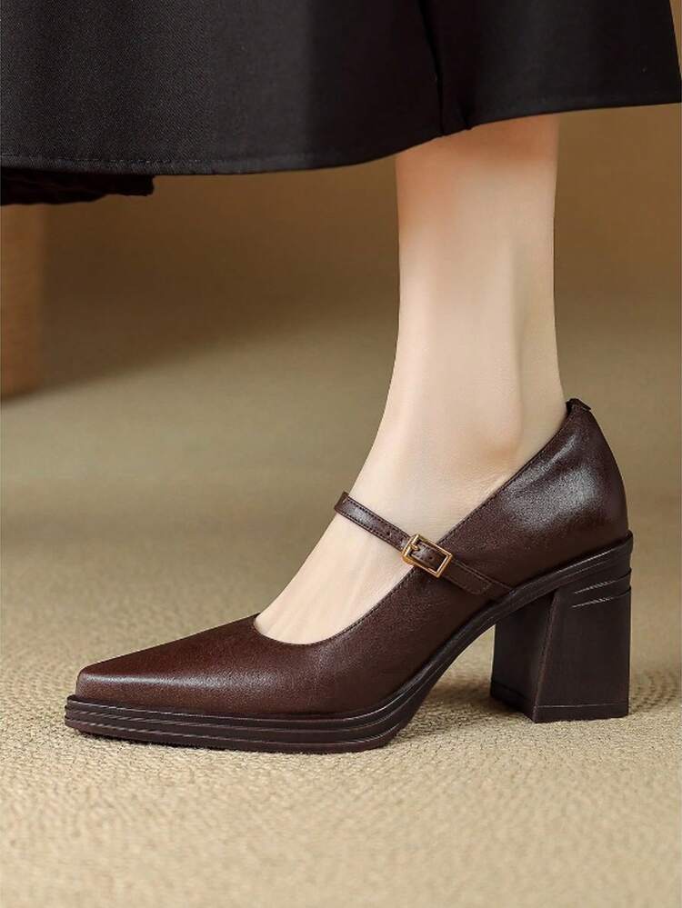 女士纯色商务PU皮革搭扣粗跟户外春季高跟单带凉鞋 - 棕色 - 查看 6