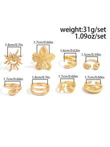 8 pièces/set Ensemble de bagues dorées bohème, bagues empilables en forme de tournesol, coquillage, étoile de mer. Bijoux personnalisés exagérés, accessoires de doigt dans l'esthétique Y2K. Convient comme cadeau de vacances pour la petite amie ou la meilleure amie - Doré - Voir 5