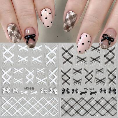 2 miếng dán móng tay họa tiết Tartan thanh lịch, sọc caro đen trắng kiểu Y2K với nơ, decal móng tay dập nổi 5D - Trang trí móng tay tự làm cho đám cưới.