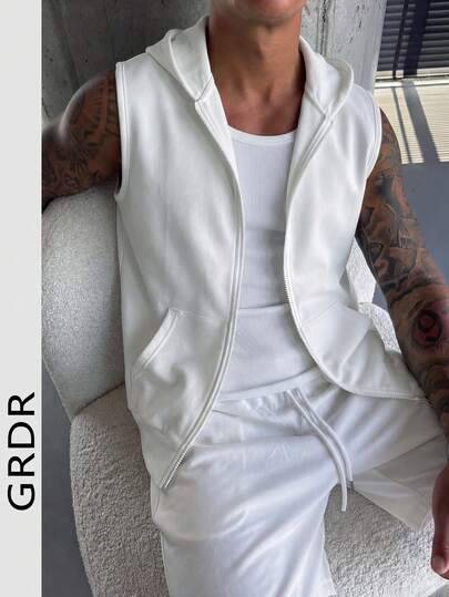 GRDR سترة رجالية صيفية جديدة بلون أحادي للاستخدام اليومي والخارجي بتصميم بسيط وعملي مع قلنسوة