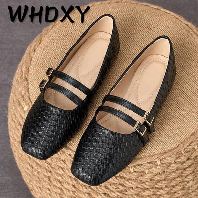 WHDXY Women's Fashion Mary Jane Shoes, Retro Woven Double Buckle Design, Square Toe Low Heel Slip-On Shoes, Versatile For Commuting, Daily Wear, Work, Dating
