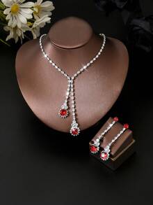 Bộ 3 dây chuyền pha lê kiểu tua rua giọt nước thời trang dành cho cô dâu và nữ, bộ trang sức thanh lịch phù hợp cho đám cưới, váy dạ hội cao cấp và các buổi tiệc sang trọng. - Hoa tai + Dây chuyền - Xem 8