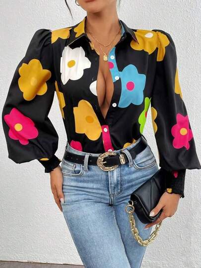 Camisa de manga larga con estampado floral colorido y aleatorio, adecuada para uso diario, de talla grande para mujeres. Blusa de manga larga negra apta para fiesta de graduación, vacaciones de verano y otoño