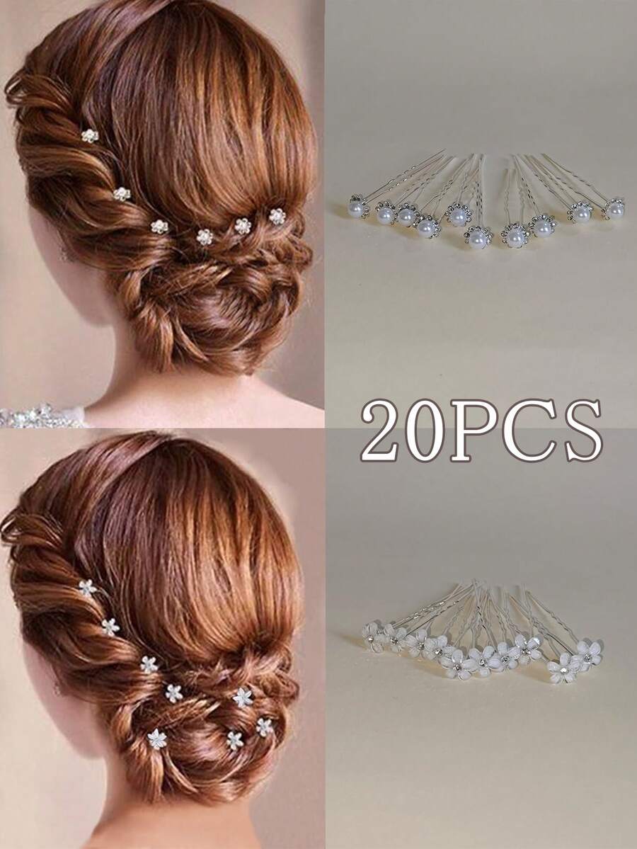 20个U型发夹，珍珠花朵水钻发夹，欧美新娘发饰 - 彩色 - 查看 1