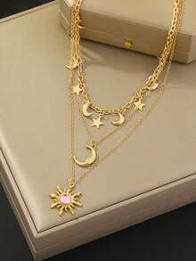 1pc Star, Moon, Sun Multi-Layer Necklace, Middle Eastern Eid Festival Gift, Summer Holiday Accessory - Sun - View 2