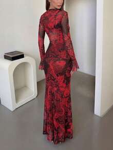 DOUCIU 2pcs Carp Print Sheer V-Neck Top And Long Ruffles Skirt Set Sexy Beach Vacation Sytle Outfit - Red - View 3