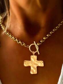 1 Peça Colar Minimalista e Elegante com Pingente de Cruz Martelado Grosso Dourado/Prateado, com Fecho em T e Corrente de Aço Inoxidável, para Mulheres - cruzar - Visão 2