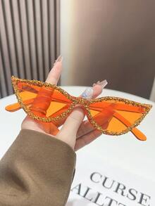 1 Pair Of Fashionable Shiny Rhinestone Cat Eye Glasses, Unique Candy Color Fashion Street Style Glasses, Suitable For Daily Wear, Women's Fashion Glasses, Women, Autumn And Winter Outfits, Beach Accessories, Vintage Y2K Basic Glasses, Business Casual Gift, Perfect For Daily Wear, Seaside, Beach, Vacation, Walking, Shopping, Driving, Street Photography, Valentine's Day, Summer Beach Vacation, Outdoor Activities, Travel - Color Frame Color - View 10
