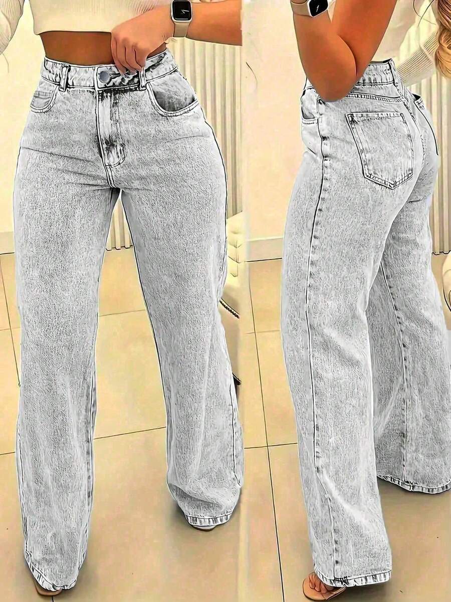 Plus Size Women Straight Leg Loose Casual Jeans With Pockets Spring - Grey - View 1