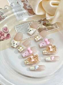 10 Pcs Long Coffin Press On Nails, Cute Cartoon Brown Bear, Pink Bow, Romantic French Design, Reusable, Suitable For Valentine's Day, Parties, Proms, Etc., With 1 Roll Of Adhesive Tape - Multicolor - View 2