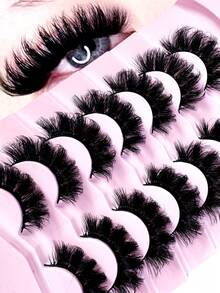 7 Pairs/Pack DD Curl Russian False Eyelashes, Thick Curly Fluffy, 3D Faux Mink Lashes, Cat Eye Effect, 8D Lengthening & Volumizing Lashes, Lift Eyes, Extend & Thicken Lash Line, Create Delicate Makeup - Black - View 1