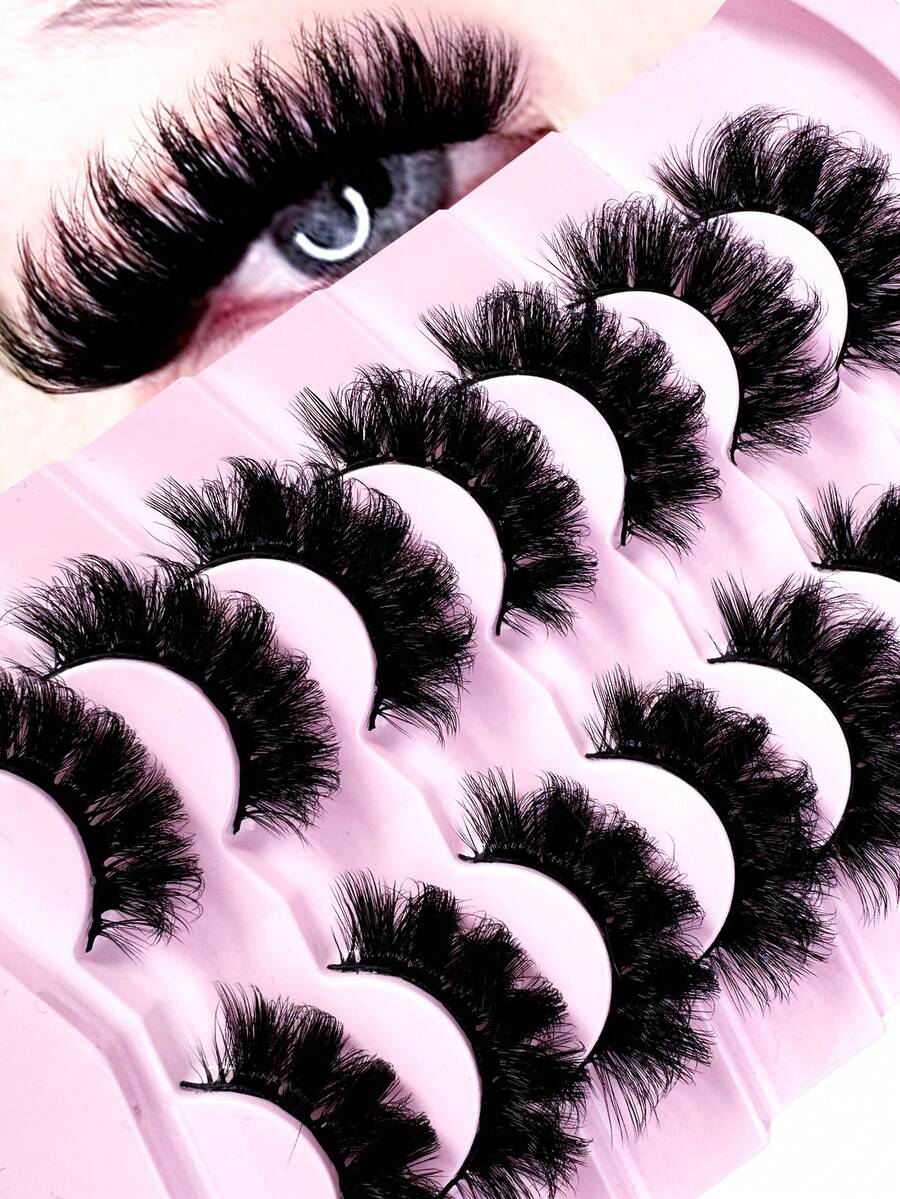 7 Pairs/Pack DD Curl Russian False Eyelashes, Thick Curly Fluffy, 3D Faux Mink Lashes, Cat Eye Effect, 8D Lengthening & Volumizing Lashes, Lift Eyes, Extend & Thicken Lash Line, Create Delicate Makeup - Black - View 1