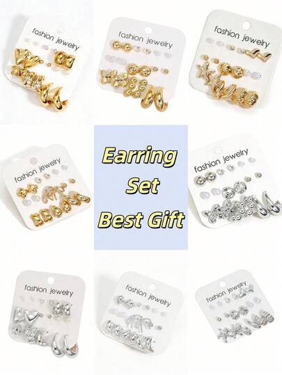 18PCS Summer Vacation Simulated Pearls CCB Butterfly Heart Star Stud Earring Set For Women Fashion Starfish Bowknot Irregular Hoop Earrings Accessories Holiday Jewelry Party Friend Gifts