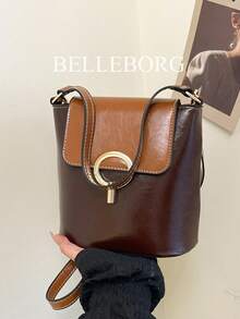 亮面漆皮圆环迷你水桶包，时尚都市通勤百搭手提包/单肩包，女士 - 咖啡 - 查看 6